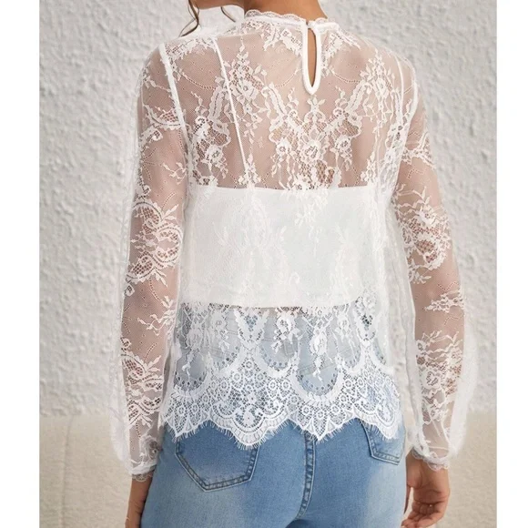 Romantic Sheer Floral lace Long sleeve Blouse - Picture 7 of 10